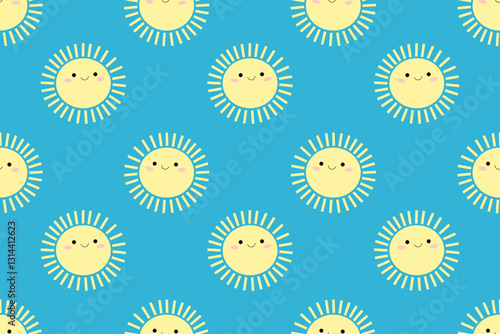 Beautiful seamless pattern of  cute child character. Smiling yellow sun on  blue background. Bright ornament to decorate design. An anthropomorphic smiling face. One repeating element.