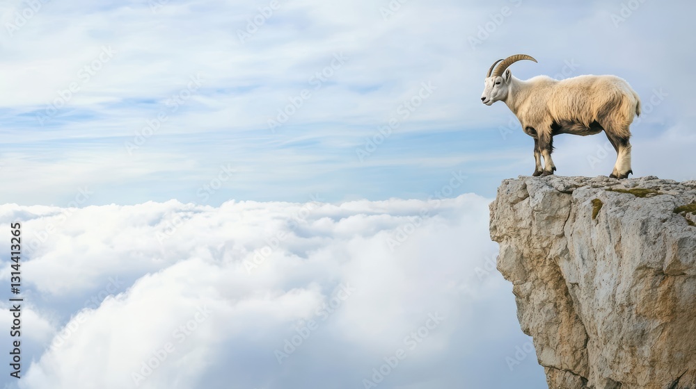 Naklejka premium Majestic Mountain Goat Standing on Cliff Amidst Serene Clouds and Blue Sky