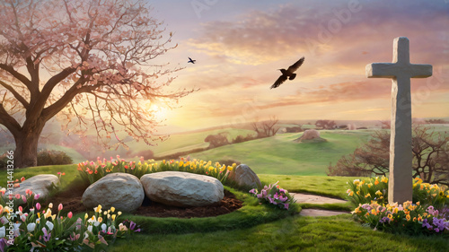 A radiant Easter morning scene symbolizing the resurrection of Jesus. A peaceful landscape with blooming flowers, a glowing cross in the background, and soft heavenly light shining down. photo