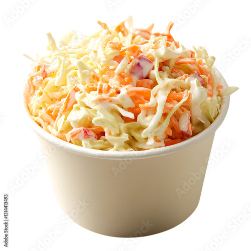 A small cup of coleslaw made with shredded cabbage carrots and creamy dressing, isolated on transparent background.