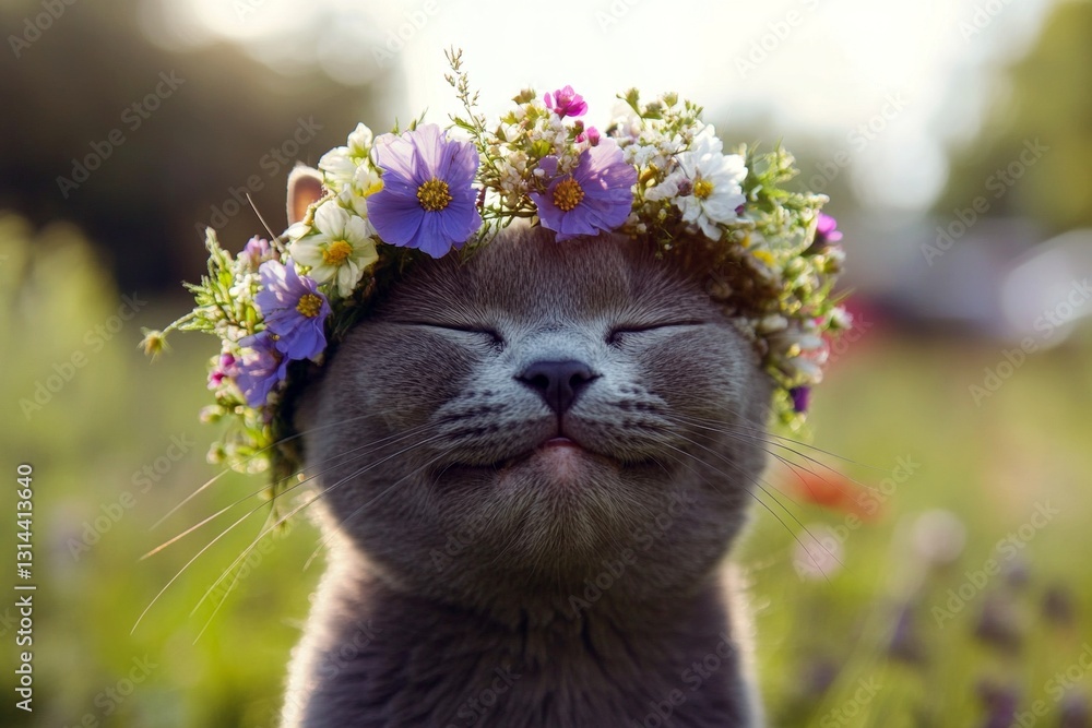 Fototapeta premium Soft daylight. Vacation time happiness. Cute adult cat russian blue wearing fierce flower circlet on its head. Smiling little pet explorer. Boho-inspired floral wreath for cats.