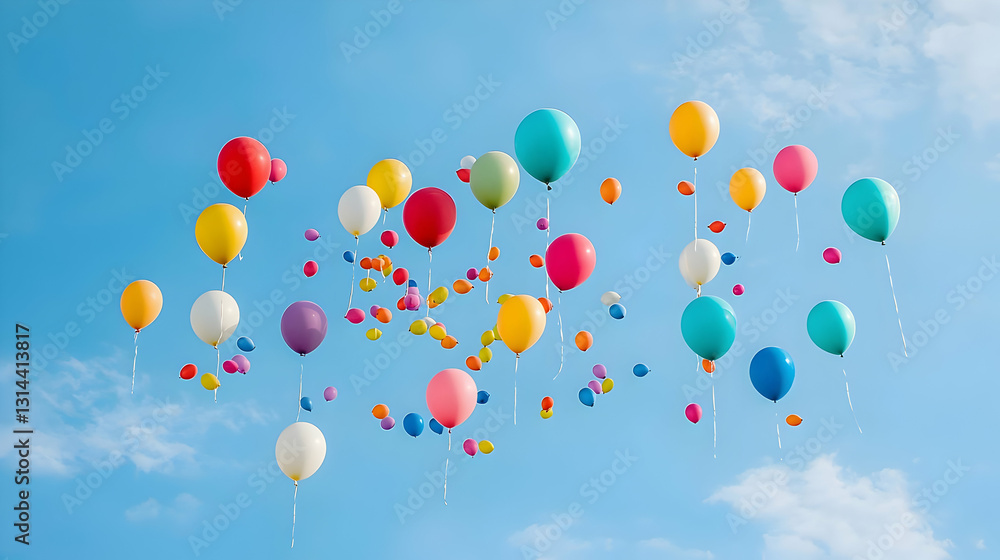 Many Multicolored Balloons Floating in a Bright Blue Cloudy Sky for Celebration of Event Decoration and Cheerful Holidays Many Multicolored Balloons Floating in a Bright Blue Cloudy Sky for Celebration of Event Decoration and Cheerful Holidays