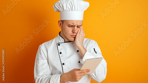 Tired chef in white uniform reads menu on yellow background studio shot job man sad cook food meal dish male lunch paper