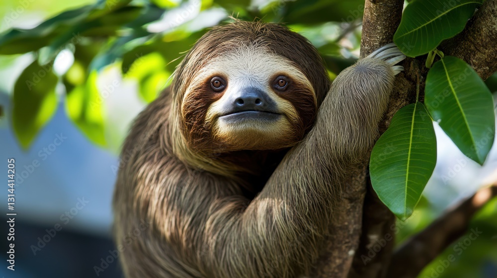 Fototapeta premium Adorable sloth hanging from a tree branch surrounded by lush green leaves in a tropical environment