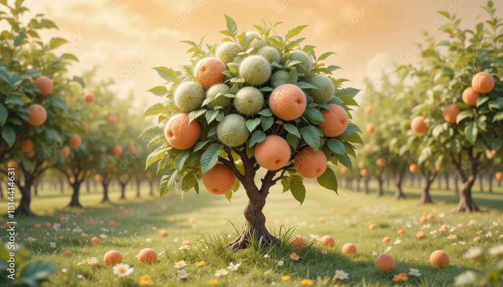 Fototapeta premium Yarn Fruit Tree in Orchard at Sunset Artistic Digital Illustration