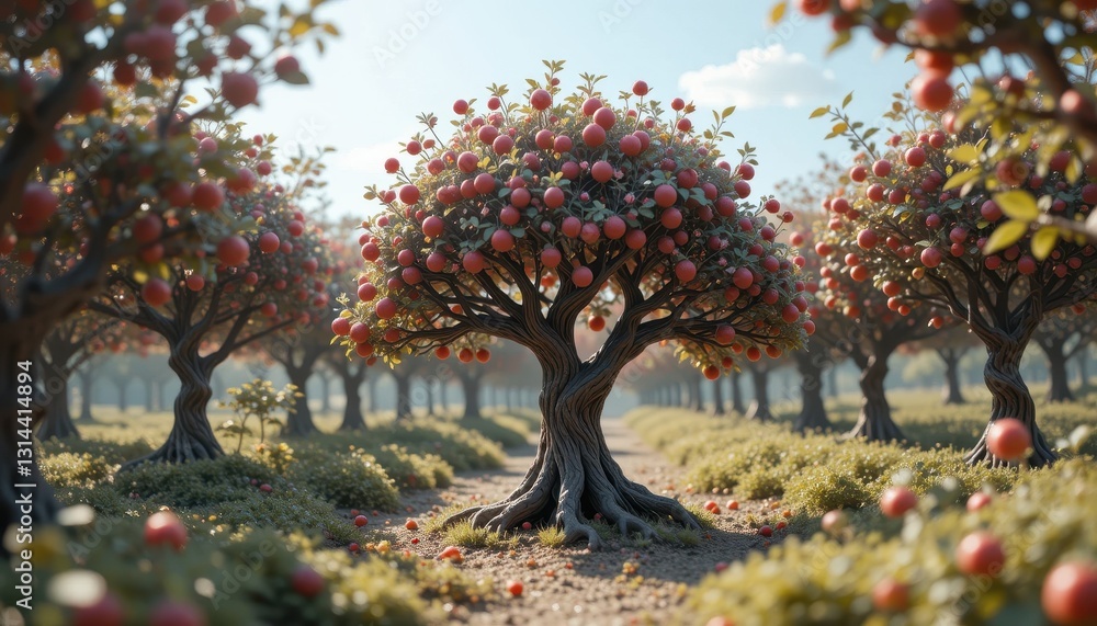 Majestic Apple Orchard Red Apples on Twisted Trees in a Sunlit Grove Majestic Apple Orchard Red Apples on Twisted Trees in a Sunlit Grove