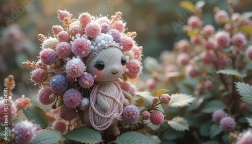 Adorable Knitted Doll Adorned with Snow Covered Berries in a Garden