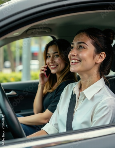 Joyful carpooling experience with two smiling women on a sunny day