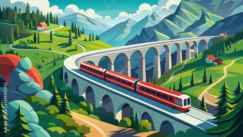 Aerial view of a Bernina Express train crossing the Brusio spiral viaduct, Grisons canton, Switzerland