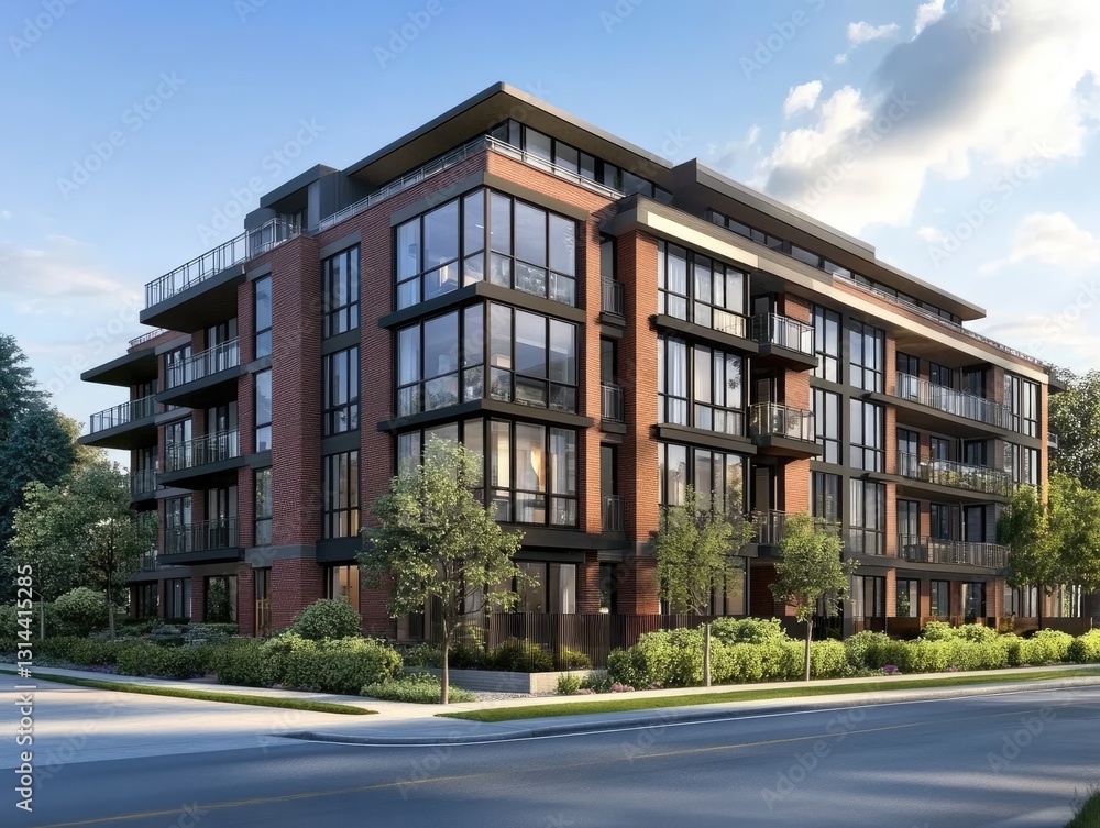 Modern brick apartment building with balconies against a blue sky backdrop Modern brick apartment building with balconies against a blue sky backdrop