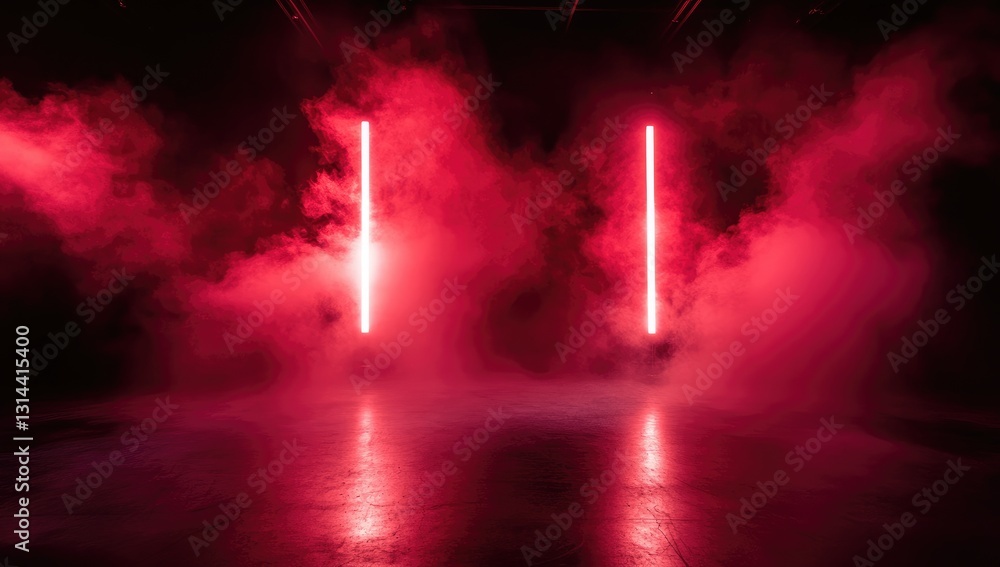 Red laser light lines on a black background with fog and an empty modern scene Red laser light lines on a black background with fog and an empty modern scene