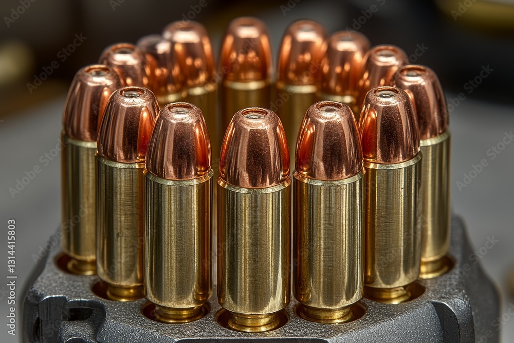 Detailed close-up of ammunition showcasing metallic cartridge design and shiny projectiles Detailed close-up of ammunition showcasing metallic cartridge design and shiny projectiles