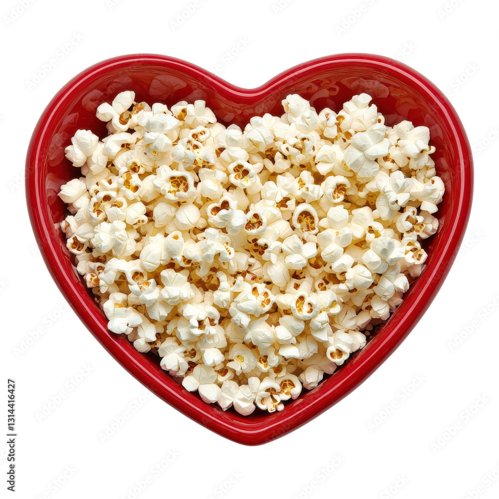 A heart-shaped bowl filled with fluffy, popped popcorn, showcasing its light, airy texture and golden-brown bits. A heart-shaped bowl filled with fluffy, popped popcorn, showcasing its light, airy texture and golden-brown bits.