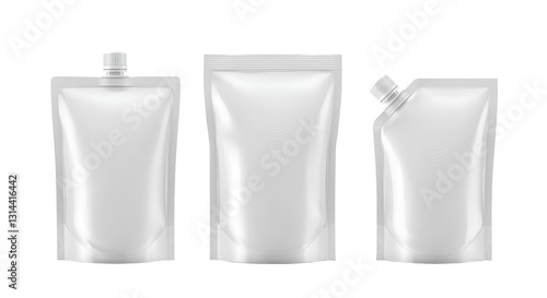 Three white stand-up pouches with different spout and seal designs, made of flexible material, isolated on a transparent background.