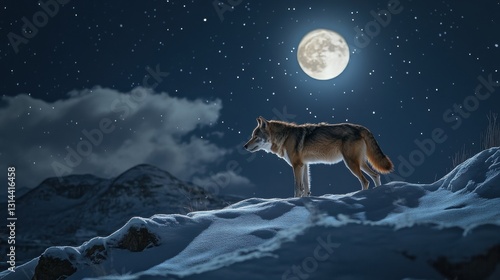 Wallpaper Mural Majestic Coyote Standing on Snowy Ridge Under Full Moon in Starry Night Sky Torontodigital.ca