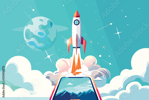Rocket ship with space and stars on blue background. Flat icon. Vector illustration with flying shuttle. Space travel. Space rocket launch. New project start up concept. Creative idea.
