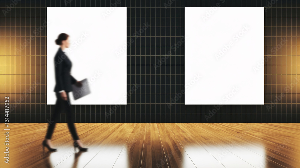 Blurred businesswoman walking past two blank white posters on dark tiled wall, showcasing a modern office or gallery space, ideal for advertisement or presentation mockup Blurred businesswoman walking past two blank white posters on dark tiled wall, showcasing a modern office or gallery space, ideal for advertisement or presentation mockup