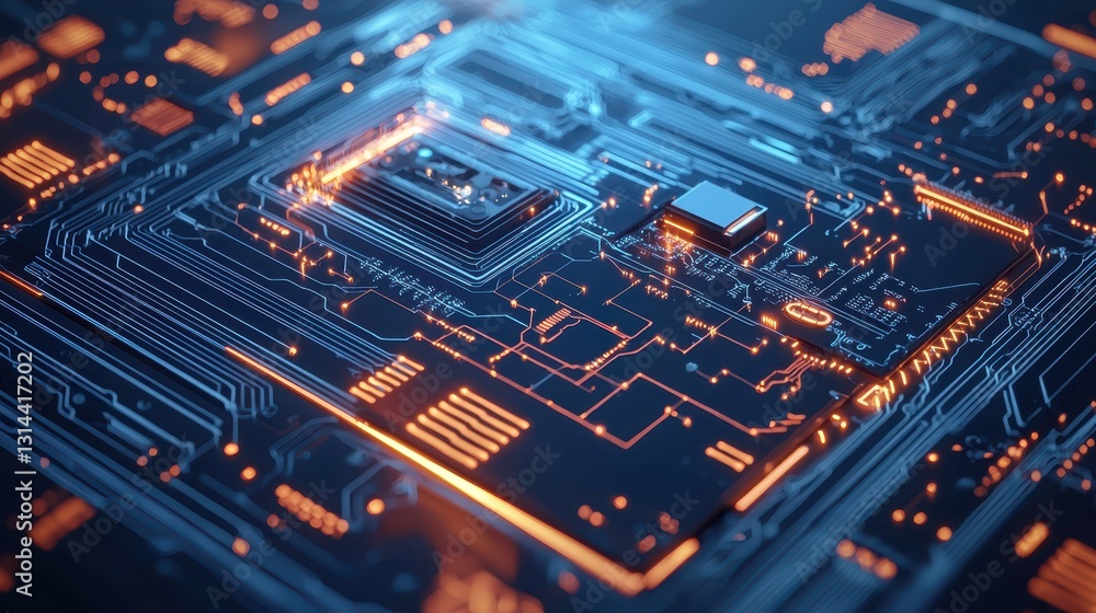 Futuristic Blue and Orange Circuit Board with Glowing Lines and Details