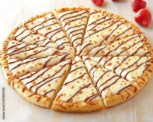 Sliced strawberry chocolate pizza on wood