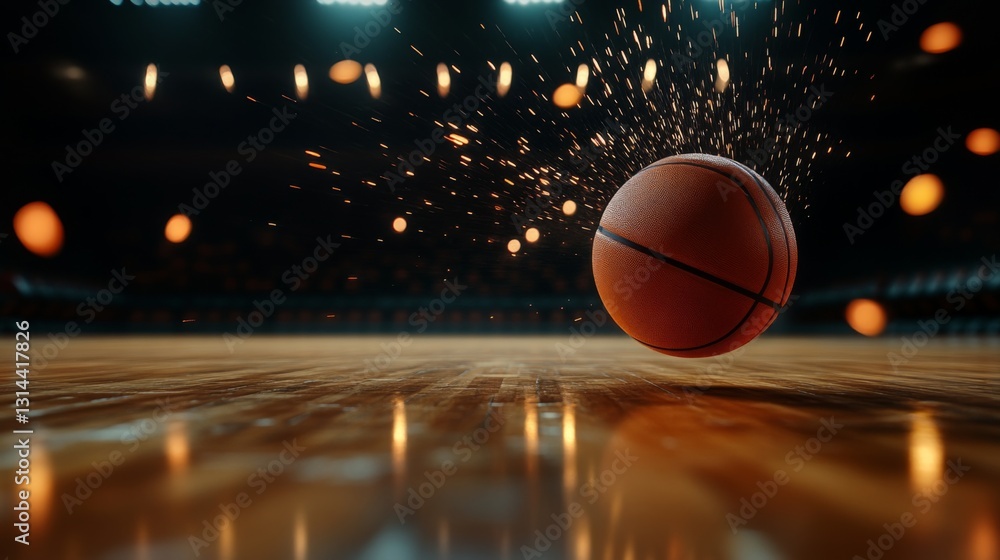 A dynamic shot of a basketball bouncing on a hardwood floor, with motion blur capturing the energy and excitement of the game in action A dynamic shot of a basketball bouncing on a hardwood floor, with motion blur capturing the energy and excitement of the game in action