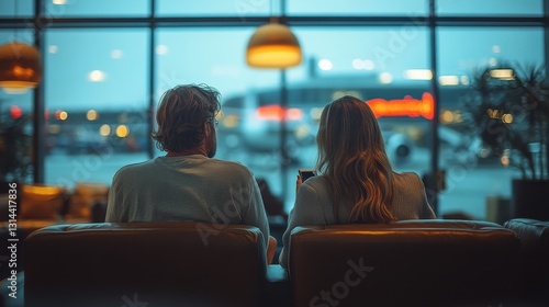 5. **A relaxed shot of a couple sitting in a premium airport lounge, sipping coffee while scrolling through their phones**, with large windows showing planes outside 