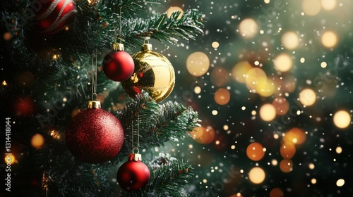 Close-up shot of a decorated Christmas tree, adorned with shiny ornaments and festive decorations, creates a warm and inviting ambiance perfect for the holiday season.