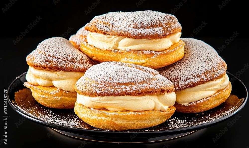 A delicious stack of cream-filled pastries dusted with powdered sugar, perfect for dessert lovers and sweet treat enthusiasts. A delicious stack of cream-filled pastries dusted with powdered sugar, perfect for dessert lovers and sweet treat enthusiasts.