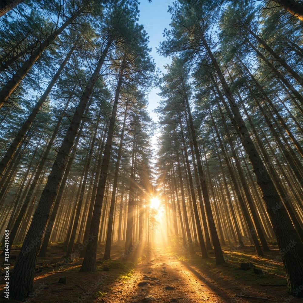 Naklejka premium Tall Pine Trees Reaching Towards the Sky in a Sunlit Forest Pathway
