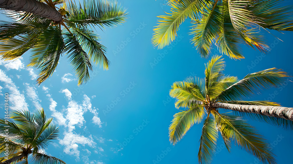 Naklejka premium Low Angle View of Pixelated Lush Green Palm Trees Against a Vibrant Blue Sky with Wispy White Clouds in a Tropical Paradise