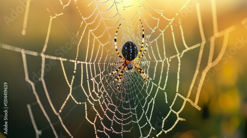 A macro view of a spider weaving its web in the early morning light, with dew droplets clinging to the silk threads, creating a mesmerizing scene