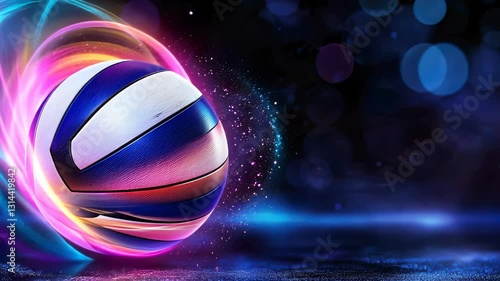 volleyball ball floating above luminous digital network grid, futuristic blue neon background with blurred perspective video 4k