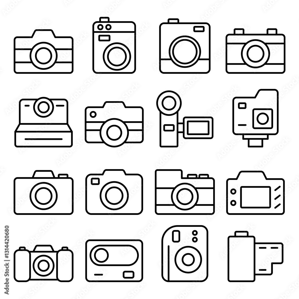 Camera icon set. Includes photography, lens, DSLR, mirrorless, digital camera, vintage camera, film camera, and More. Outline icons vector collection Camera icon set. Includes photography, lens, DSLR, mirrorless, digital camera, vintage camera, film camera, and More. Outline icons vector collection