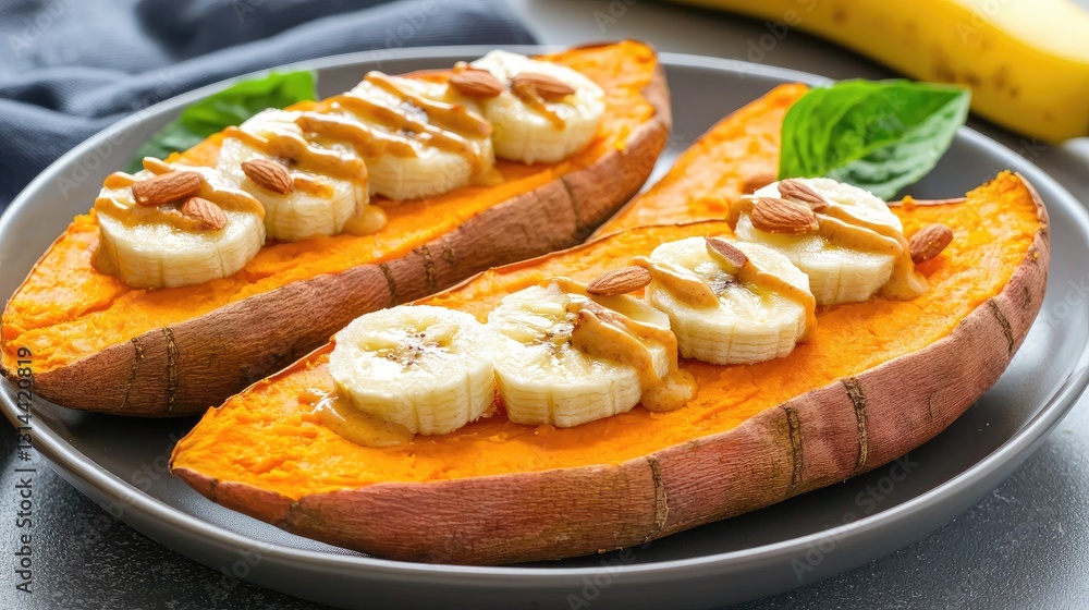 Delicious sweet potato halves topped with banana slices and drizzled with syrup, perfect for a healthy snack or meal. Delicious sweet potato halves topped with banana slices and drizzled with syrup, perfect for a healthy snack or meal.
