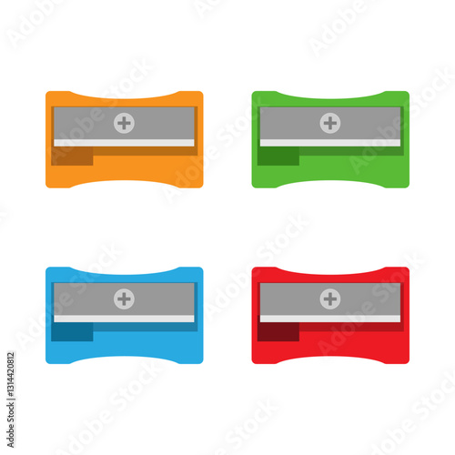 Colorful pencil sharpener collection isolated on a white background. Vector illustration depicting pencil sharpeners in orange, green, blue, and red colors