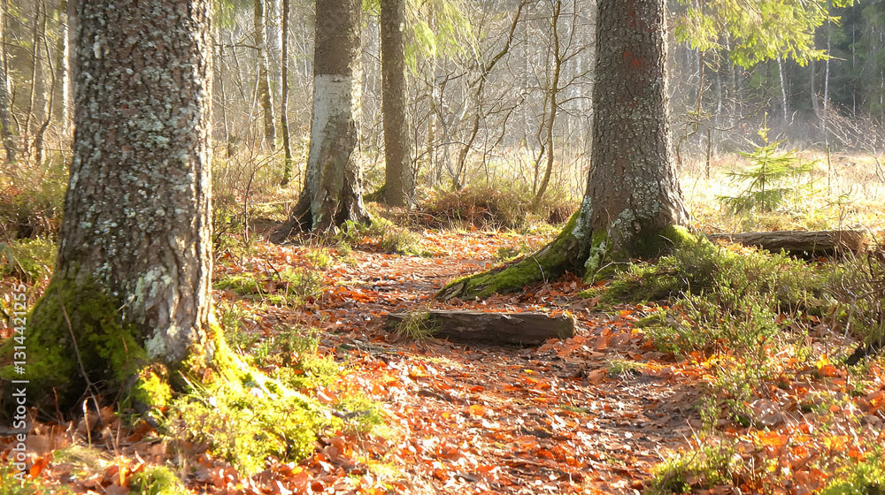 Forest path winding through trees covered in autumn foliage and moss Forest path winding through trees covered in autumn foliage and moss