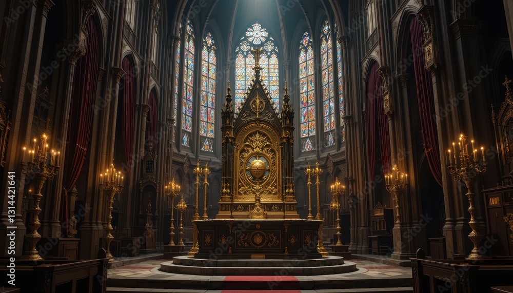 Obraz premium Majestic Cathedral Interior Golden Altar Stained Glass Windows Religious Architecture
