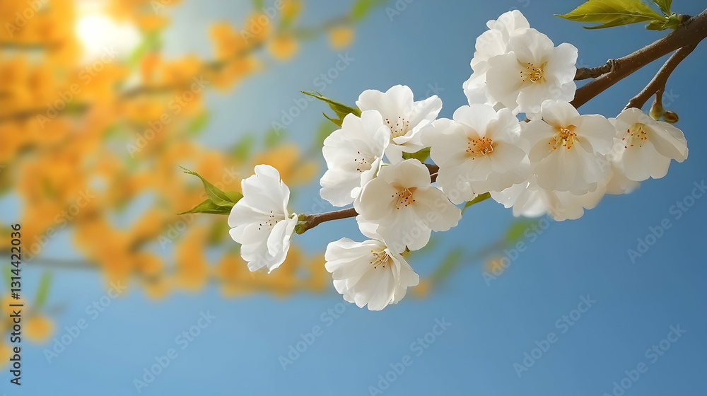 A blooming branch of white flowers against a bright blue sky A blooming branch of white flowers against a bright blue sky