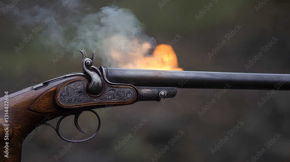 a closeup of a flintlock pistol firing