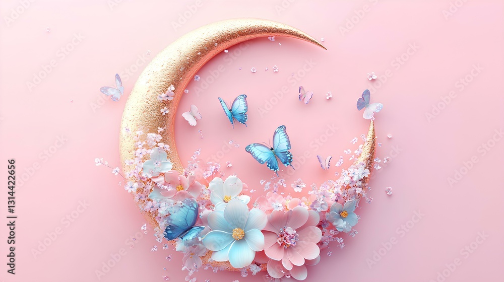 3D pastel golden moon with flowers and butterflies, pink background, colorful pastels