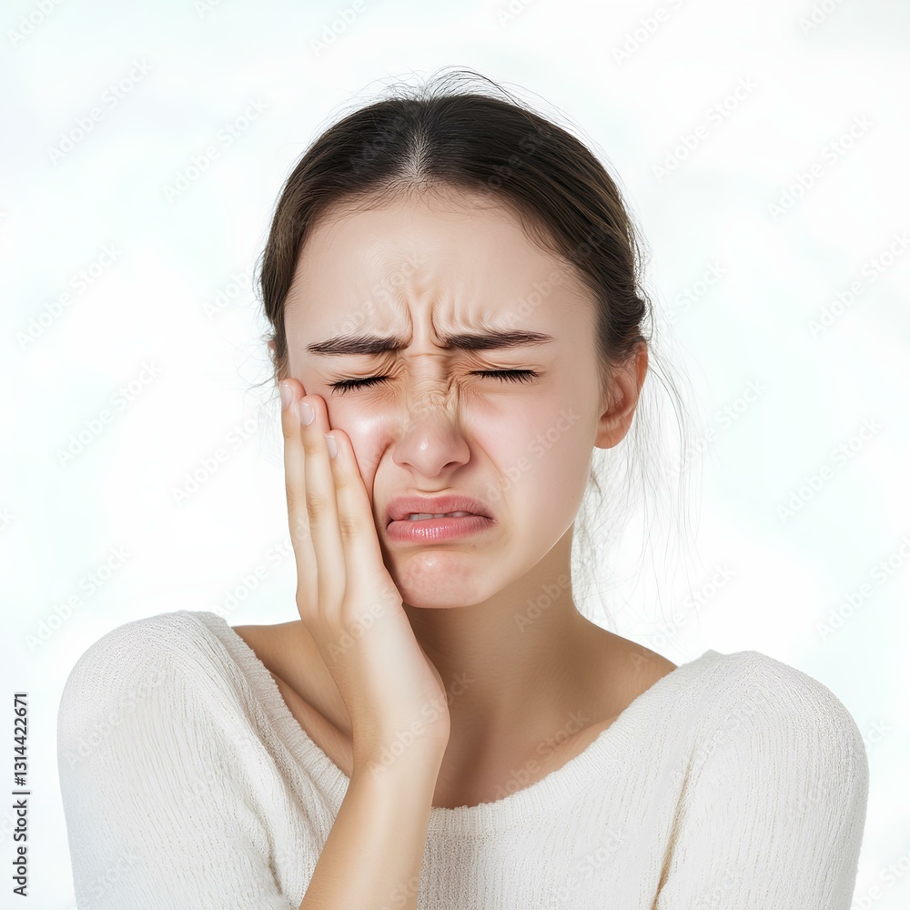 A yang woman with an face, pressed against her cheek with a painful expression, white background, toothache.