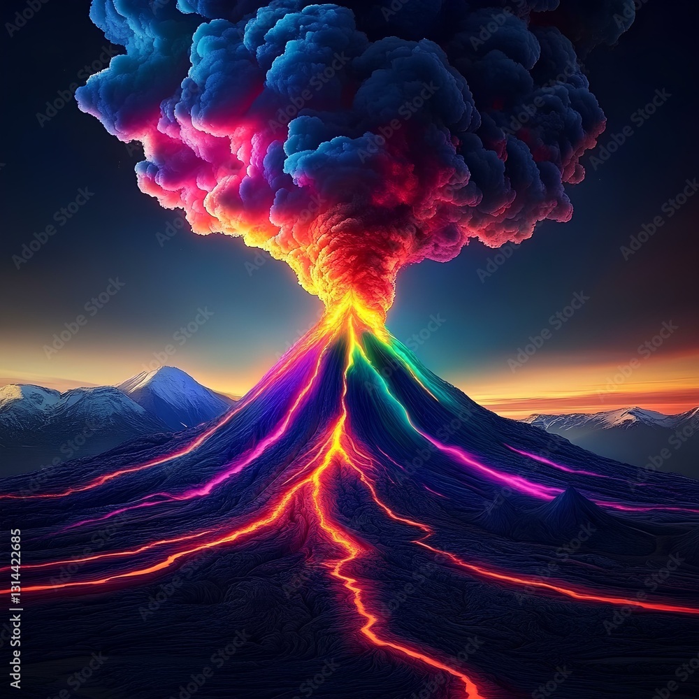 A colorful, neon rainbow of lava erupting from an active volcano, glowing in the dark night sky