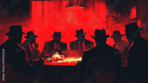 Silhouetted men in fedoras gathered around a table in a dimly lit room, red light illuminating the scene.