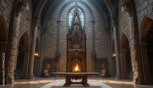 Majestic Gothic Hallway Interior Design with Fireplace and Wooden Table