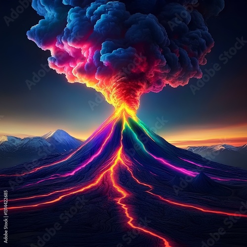 Obraz na płótnie A colorful, neon rainbow of lava erupting from an active volcano, glowing in the dark night sky w salonie