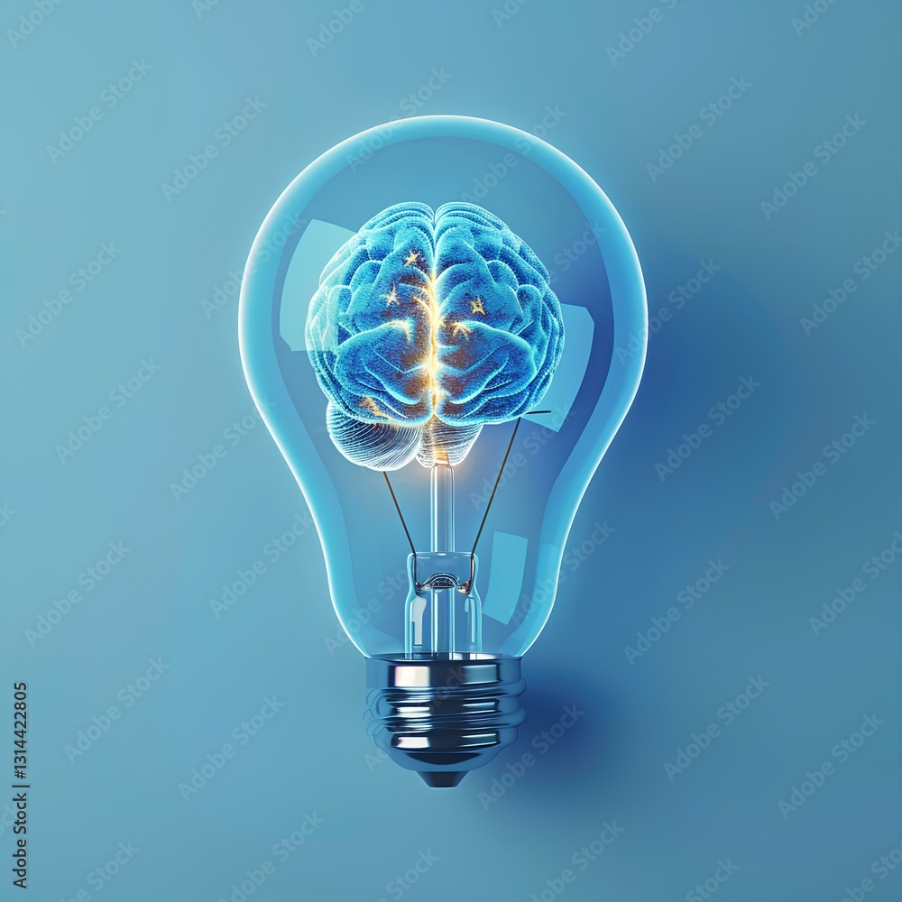 A light bulb with a glowing brain inside, symbolizing creativity and innovation in mind design. The background is blue to represent professional designer work