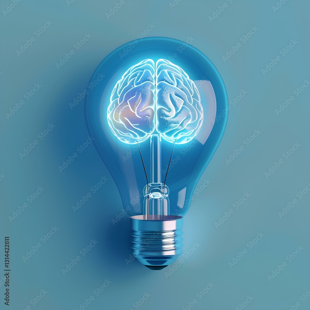 A light bulb with a glowing brain inside, symbolizing creativity and innovation in mind design. The background is blue to represent professional designer work