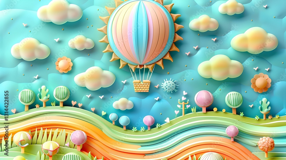 3D embossed paper illustration of a sun, clouds, and a hot air balloon in the sky, with light orange hills and colourful trees below, against a light pink background