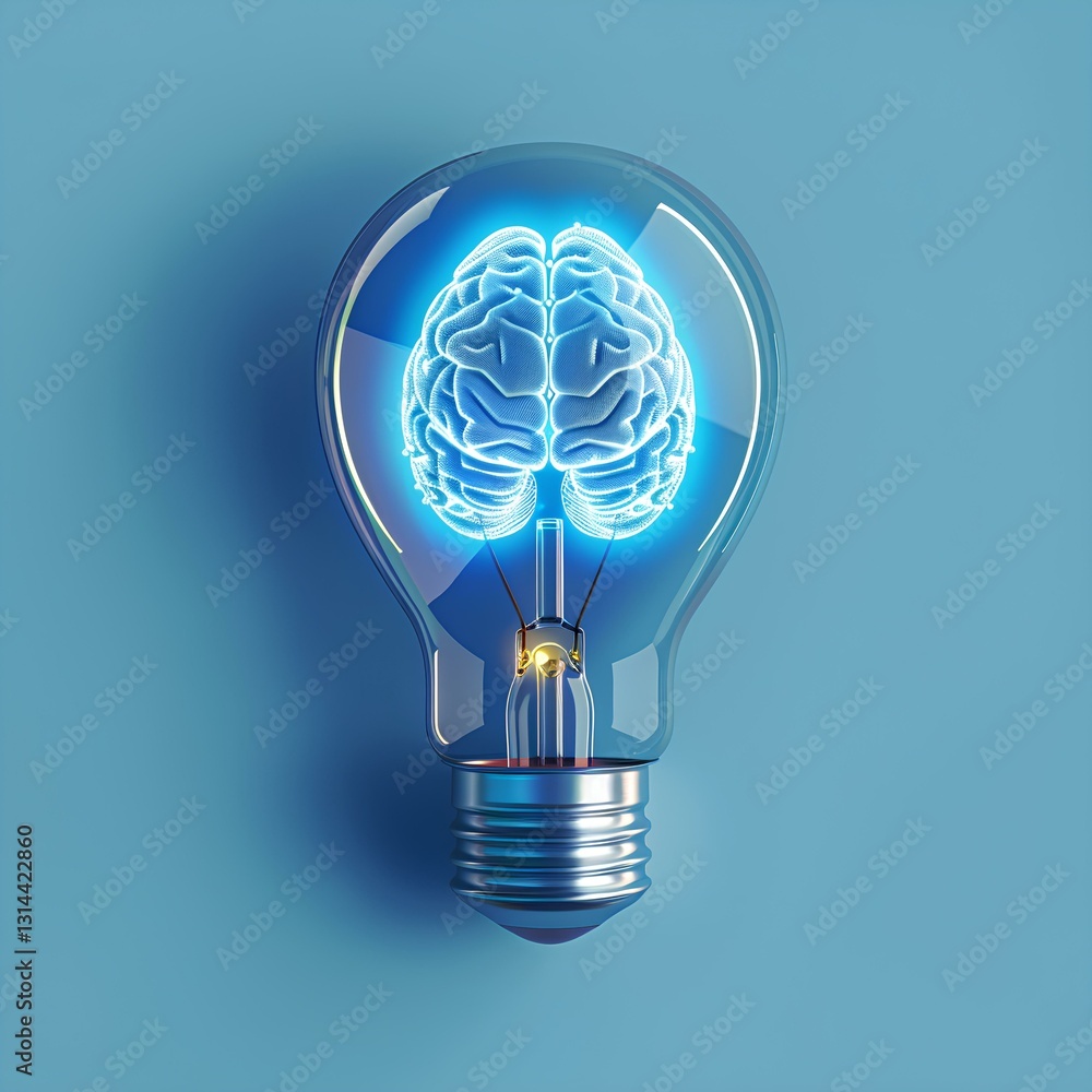A light bulb with a glowing brain inside, symbolizing creativity and innovation in mind design. The background is blue to represent professional designer work