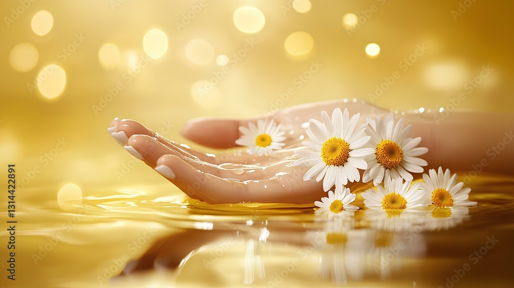 A young woman's white and tender hand is placed in the water, with the back of her hand facing up, and there are a few daisy flowers on the side, warm yellow style