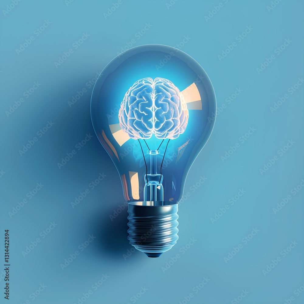 A light bulb with a glowing brain inside, symbolizing creativity and innovation in mind design. The background is blue to represent professional designer work